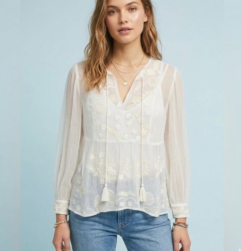 Feather Bone Anthropologie Sheer White Fairy Floral Blouse